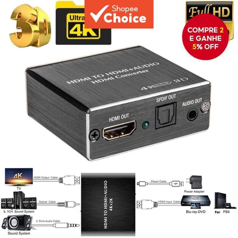 Conversor Extrator De Áudio HDMI Óptico TOSLINK SPDIF E Adaptador Divisor De 3.5 Mm Para PS5 PC