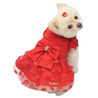 Roupa Pet Vestido Floral Vermelho branca de neve fantasia laço festa cachorrinha princesa