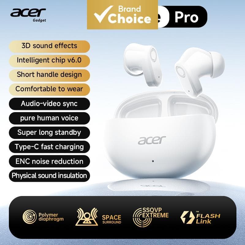 Acer Gadget White Pro Fones de Ouvido Bluetooth Sem Fio, Redução de Ruído, Fones Intra-Auriculares Gamer, TWS ENC, Som