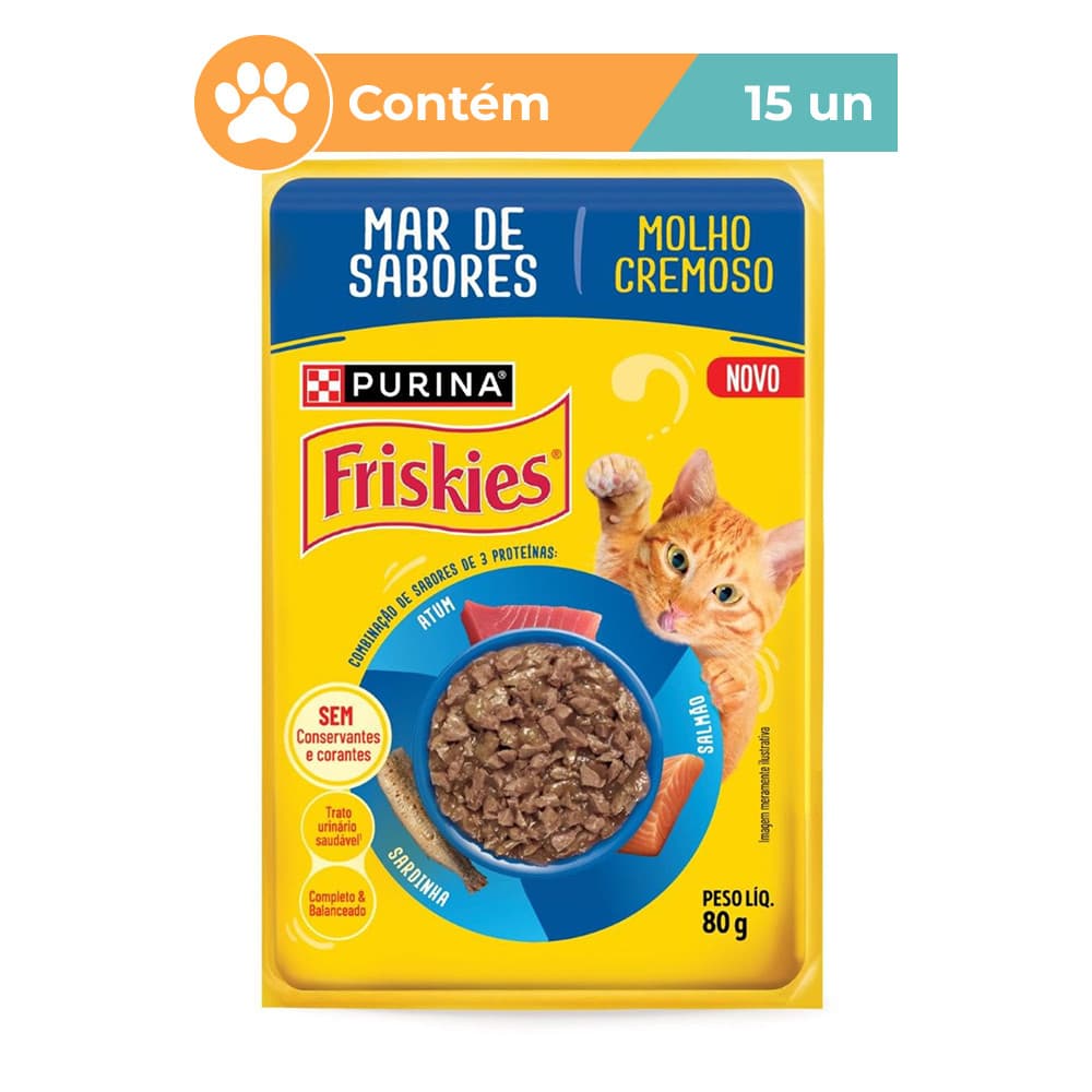 Ração Úmida Friskies Molho Cremoso Mar Sabores Gatos 15x80g
