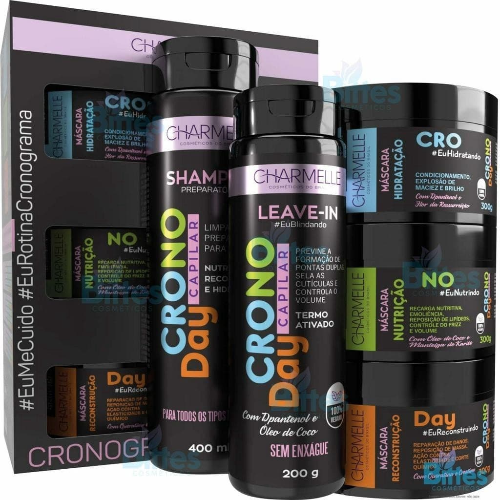 KIT  CRONODAY CRONOGRAMA CAPILAR CHARMELLE COSMÉTICOS HIDRATA NUTRE E RECONSTROI OS FIOS