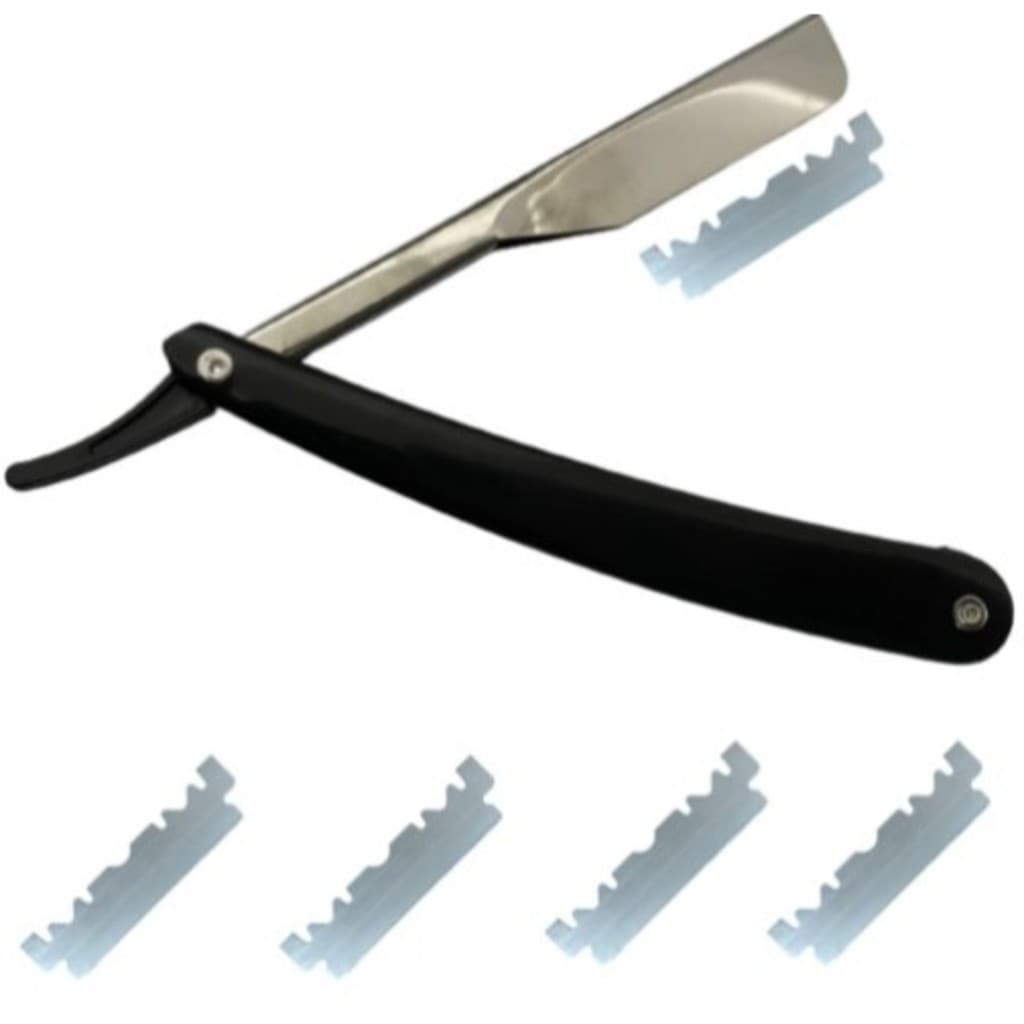 Navalha Navalhete Profissional Barbeiro + 5Lâminas Aço Inox Acabamento Barba Sobrancelha
