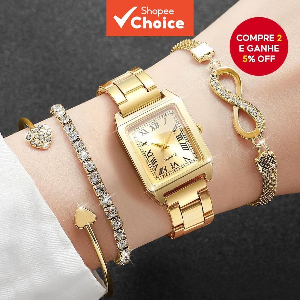  4PCS Conjunto de Relógios Feminino Retangulares com Pulseiras de Strass, Relógio de Quartzo Feminino em Aço Inoxidável