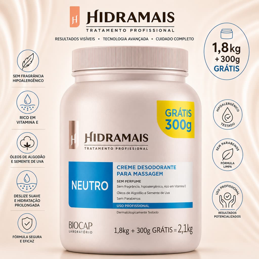 Creme Massagem Profissional Neutro 2,1Kg Hidramais Creme Hidratante Corporal Creme de Pele Hidramais Hidratante