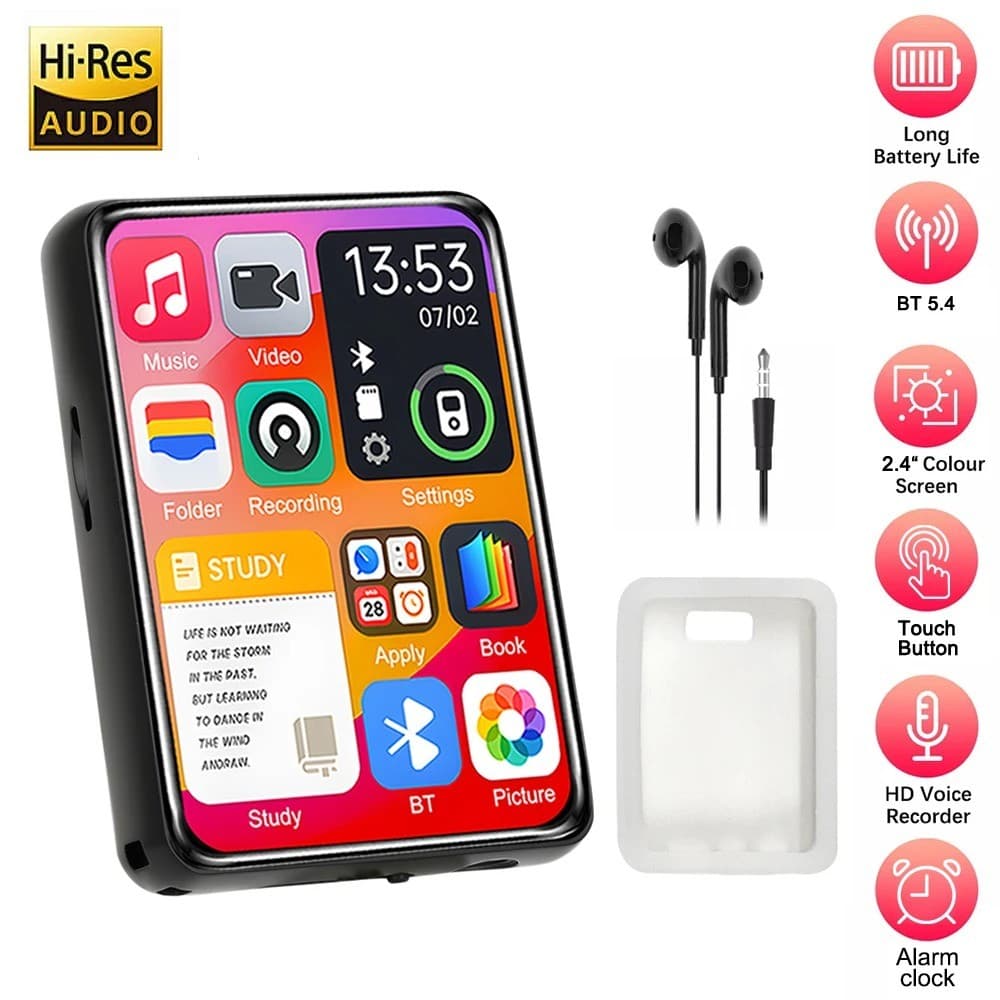 Novo MP3 Player Bluetooth 5.4 Tela De Toque Alta Fidelidade Lossless Música Jogar Alto-Falante 32GB Suporte Gravação E-B