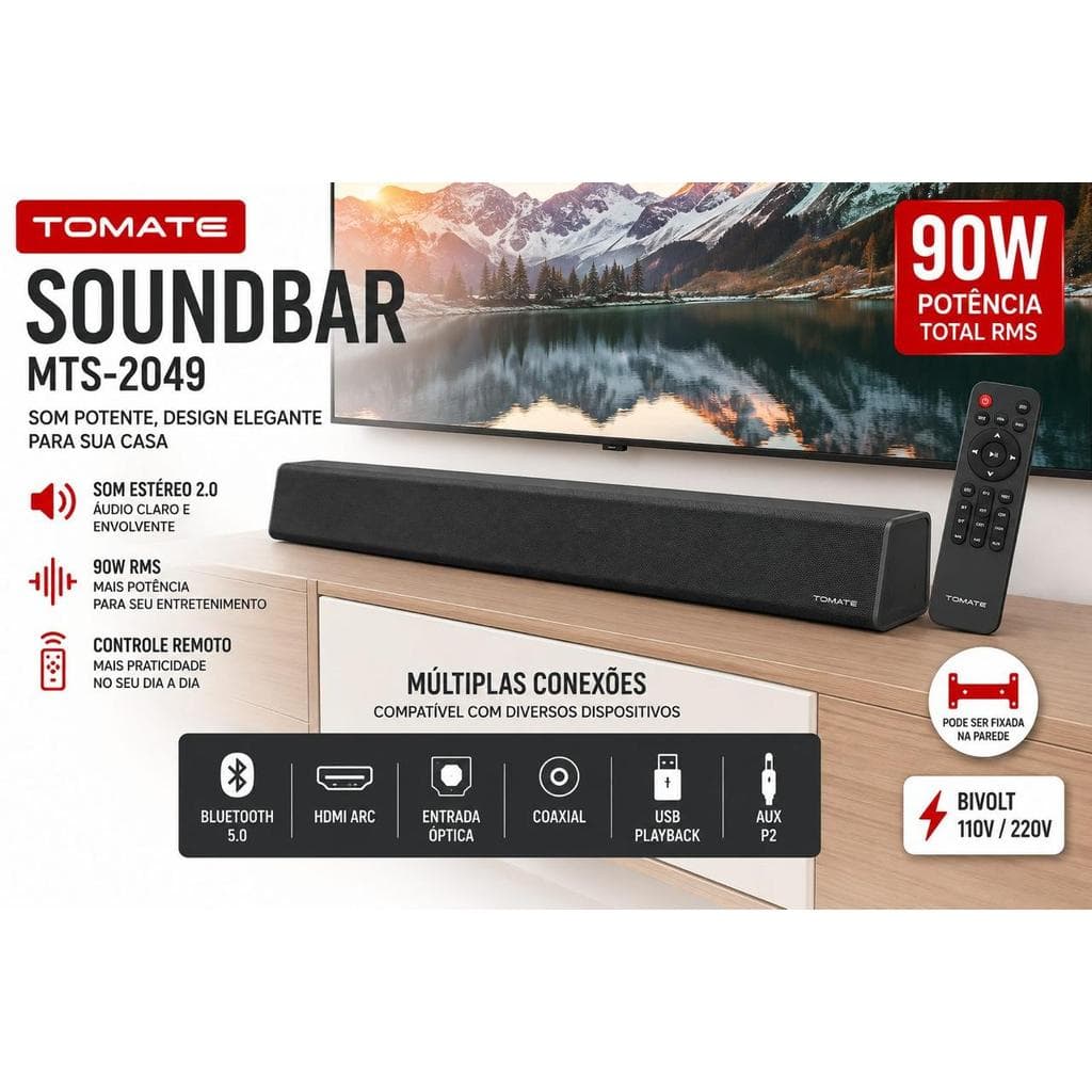Soundbar Tomate MTS-2049 90W Bluetooth HDMI ARC Óptica USB AUX Controle Remoto 2.0