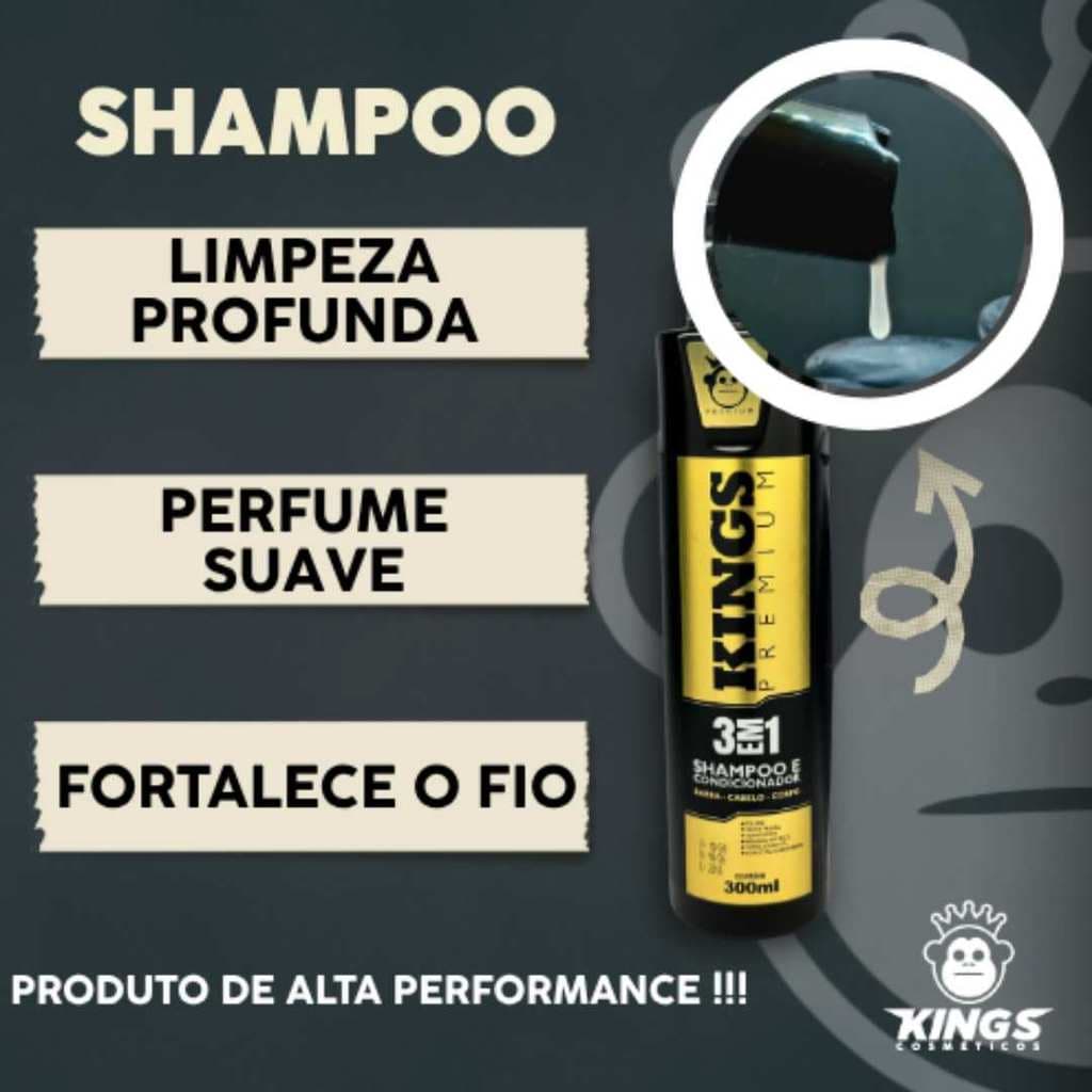 Shampoo 3 em 1 Kings 300ml – Cabelo, Barba e Corpo Masculino