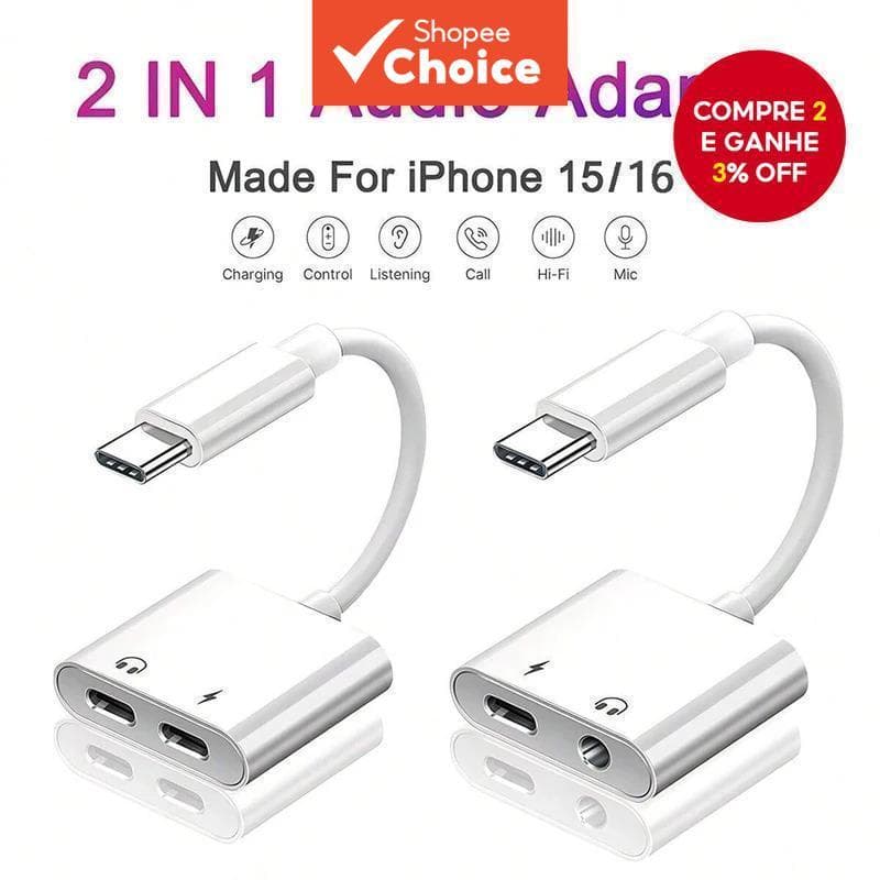 Adaptador De Carregamento De Fone De Ouvido 2 Em 1 Tipo C Para 3.5 Mm iPhone 16 15 Pro Max Series Hub