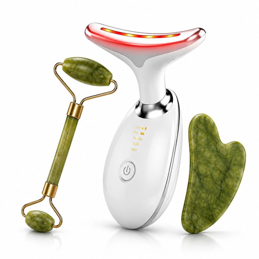 Kit Massageador Facial LED 7 Cores EMS Aquecimento + Rolo Jade Gua Sha - Anti Rugas e Lifting
