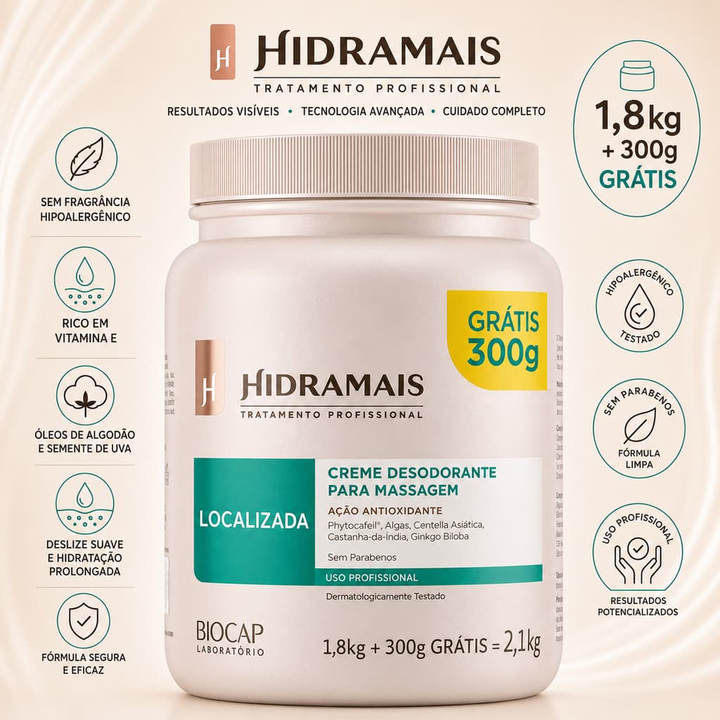 Creme Massagem Profissional Locallizada 2,1Kg Hidramais Creme de Pele Creme Redutor de Gordura Localizada Hidramais