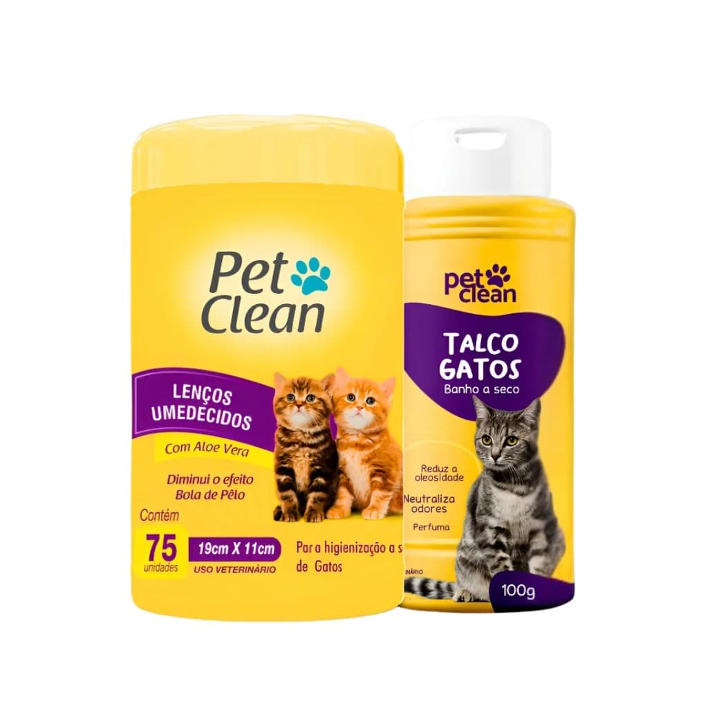 Kit Pet Clean Gatos – Lenços Umedecidos e Talco Banho Seco
