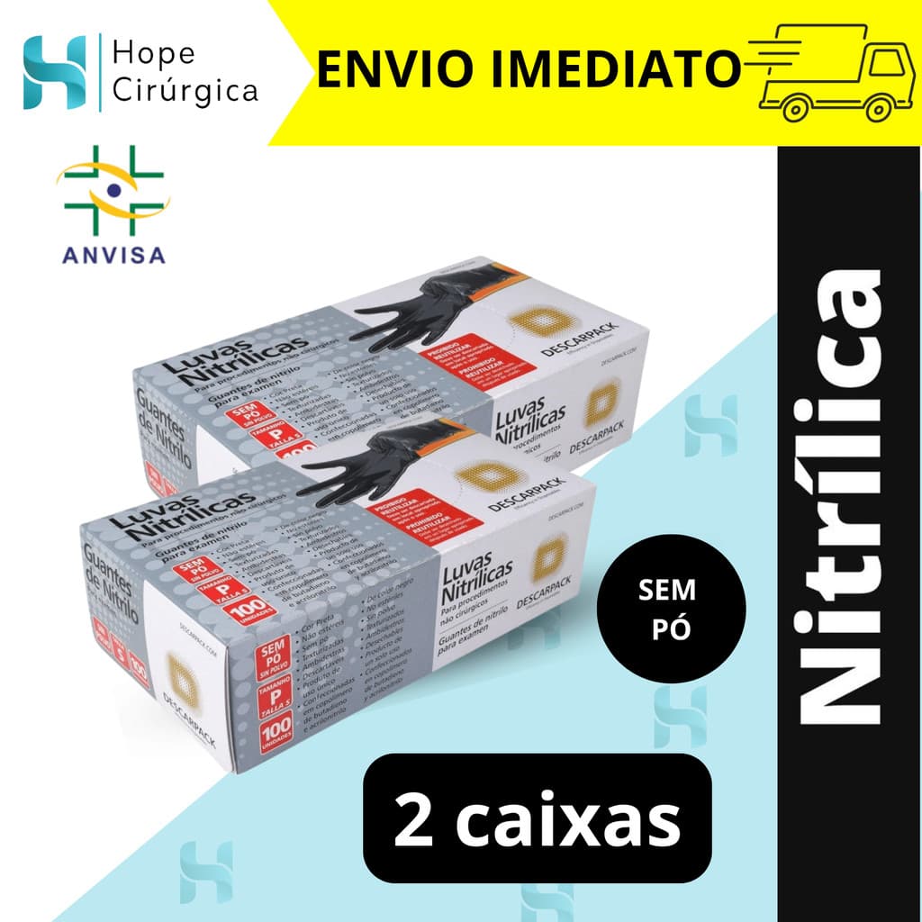 Kit 2 Caixas Luva Nitrílica Preta Descartável Sem Pó Resistente