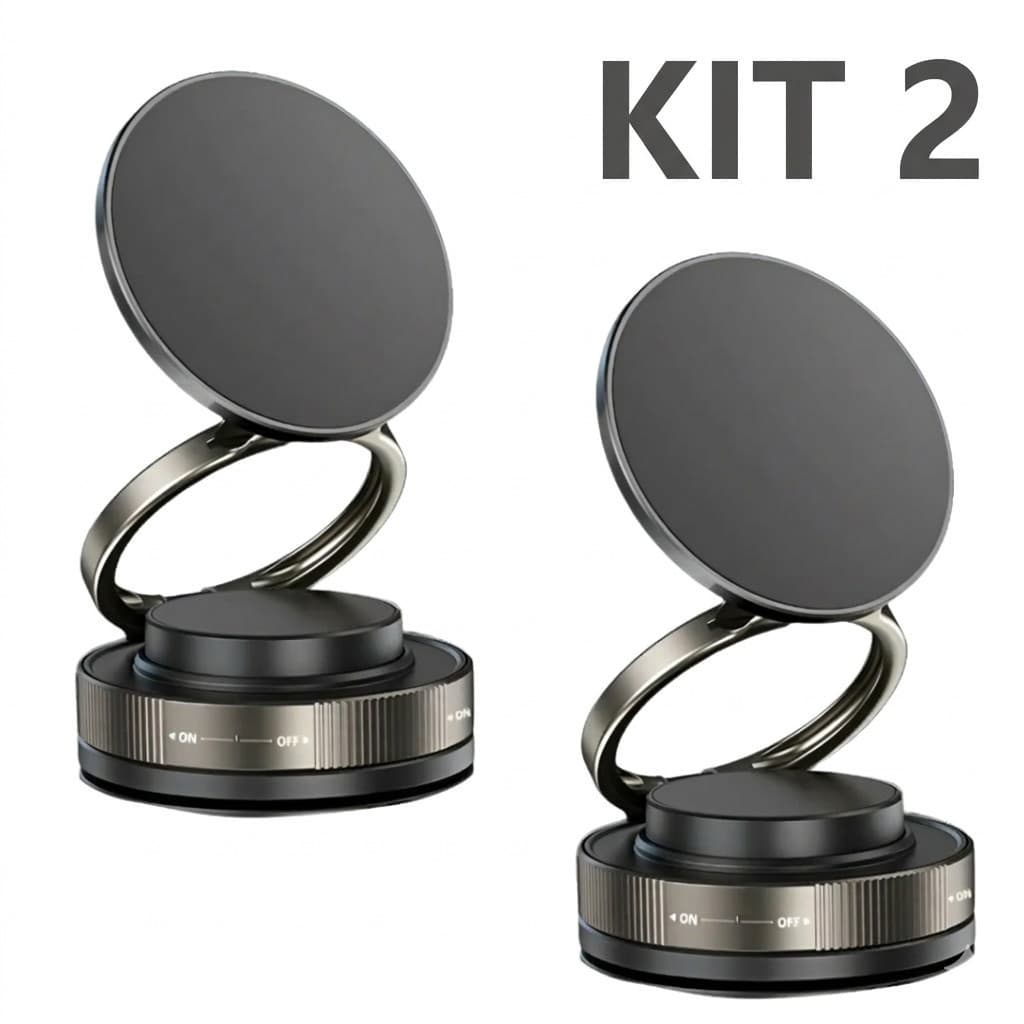 Kit 2 Suporte Celular Anel Magnético Automotivo Universal 360º Com Trava de Sucção a Vácuo
