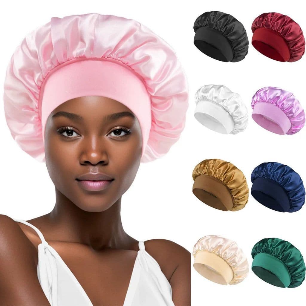 Touca/Gorro de Dormir de Cetim com Aba Faixa Larga Gigante Cabelo Anti Frizz Toca Head