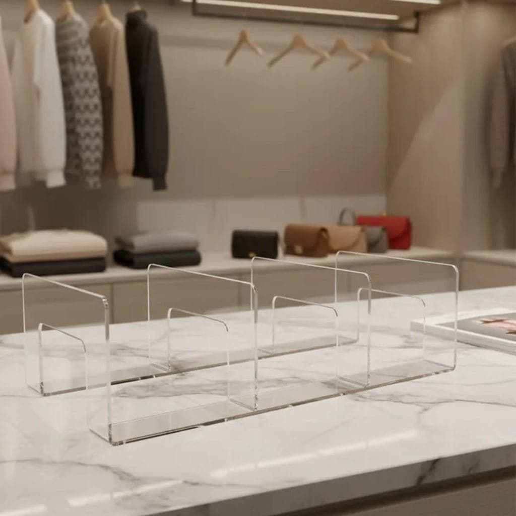 Organizador de Bolsas Transparente com 3 Divisórias, Acrílico Resistente, 28x14x8cm, Moderno para Closet e Guarda-Roupa