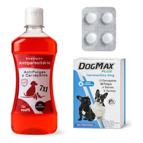 Kit Antipulgas Shampoo Antiparasitário + Ivermectina 3mg para Cães Médios até 15kg Carrapatos Pulgas