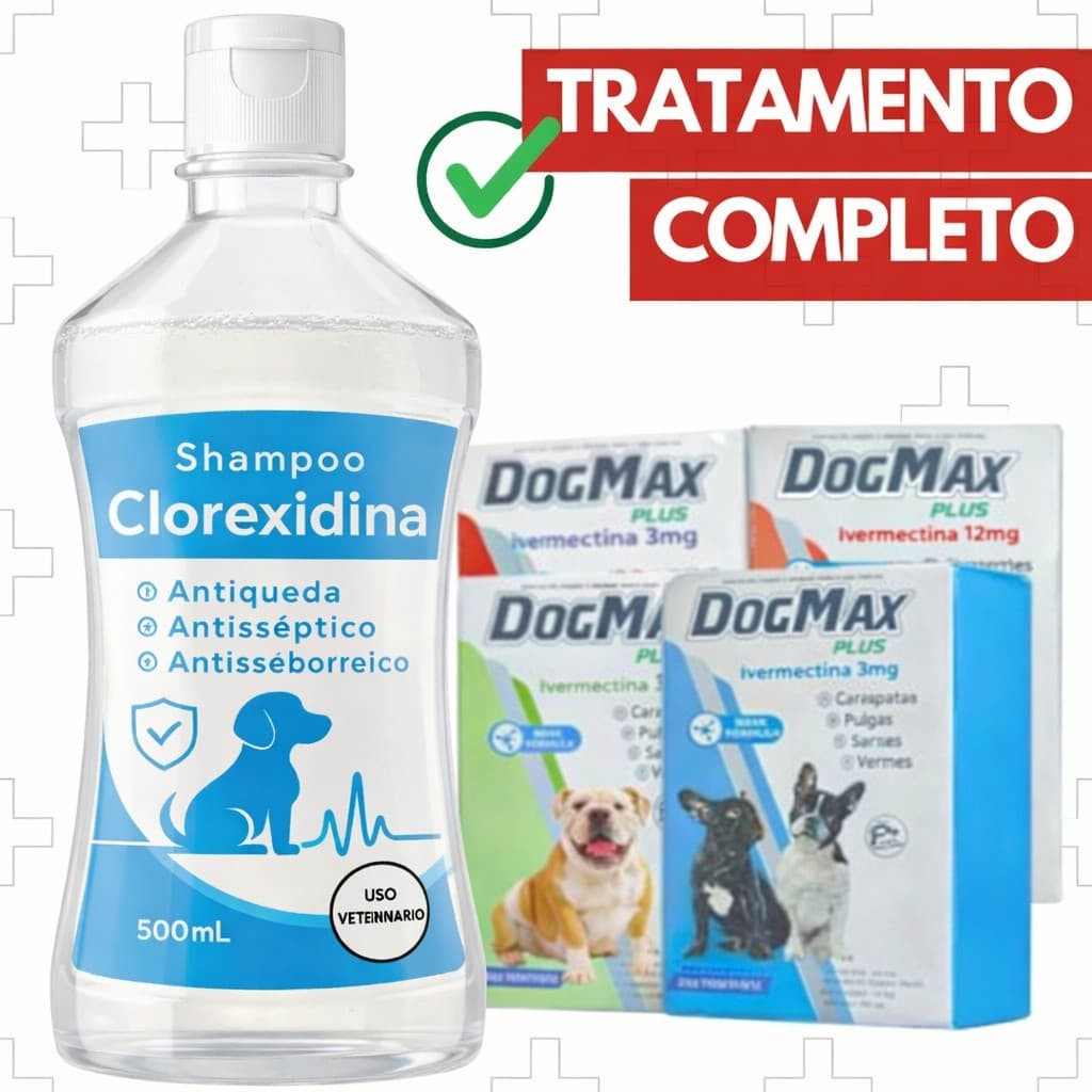Kit Tratamento Sarna e Micose Canina + Alívio da Coceira | Dogmax 4 Comprimidos + Shampoo Clorexidina