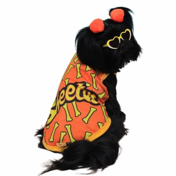 Roupa Pet Sheetus Laranja Modelo Regata Básica salgadinho roupinha cachorro engraçada divertida