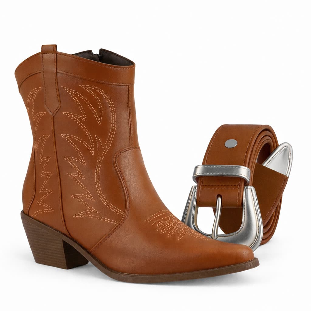 Bota Texana Feminina Cano Médio Country Bordada + Cinto Estilo Western