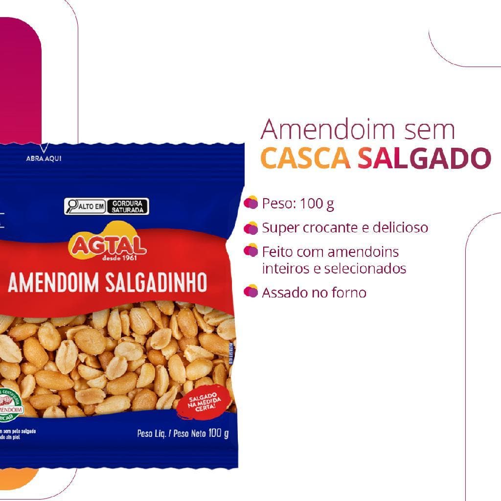 Amendoim salgado torrado sem pele agtal snack pacote 100g 1 unidade