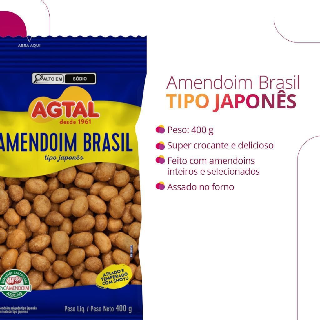 Amendoim salgado torrado sem pele agtal snack pacote 400g 1 unidade