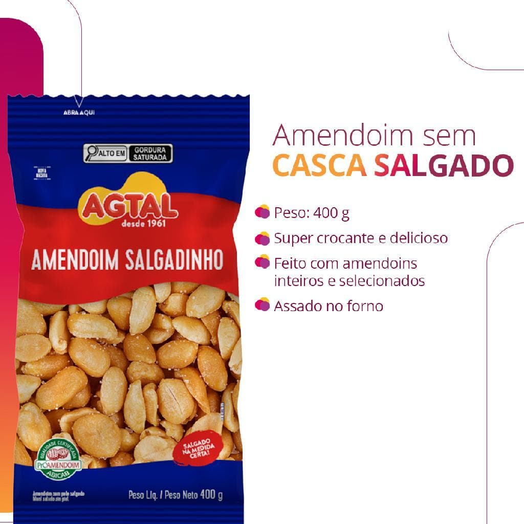 Amendoim salgado torrado sem pele agtal snack pacote 400g 1 unidade