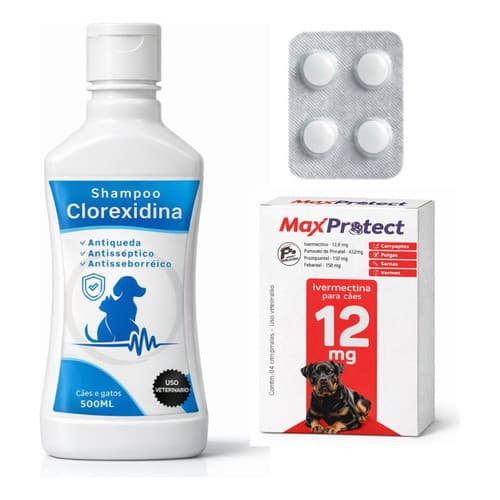 Ivermectina 12mg + Shampoo Clorexidina Para Cães de 30kg a 60kg - Antipulgas Carrapatos Vermes Sarna