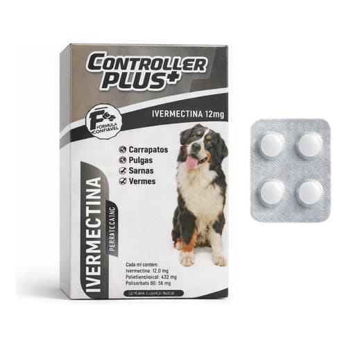 Ivermectina 12mg Para Cães Grandes de 30kg a 60kg - 4 Comprimidos Controller Plus Carrapatos Pulgas