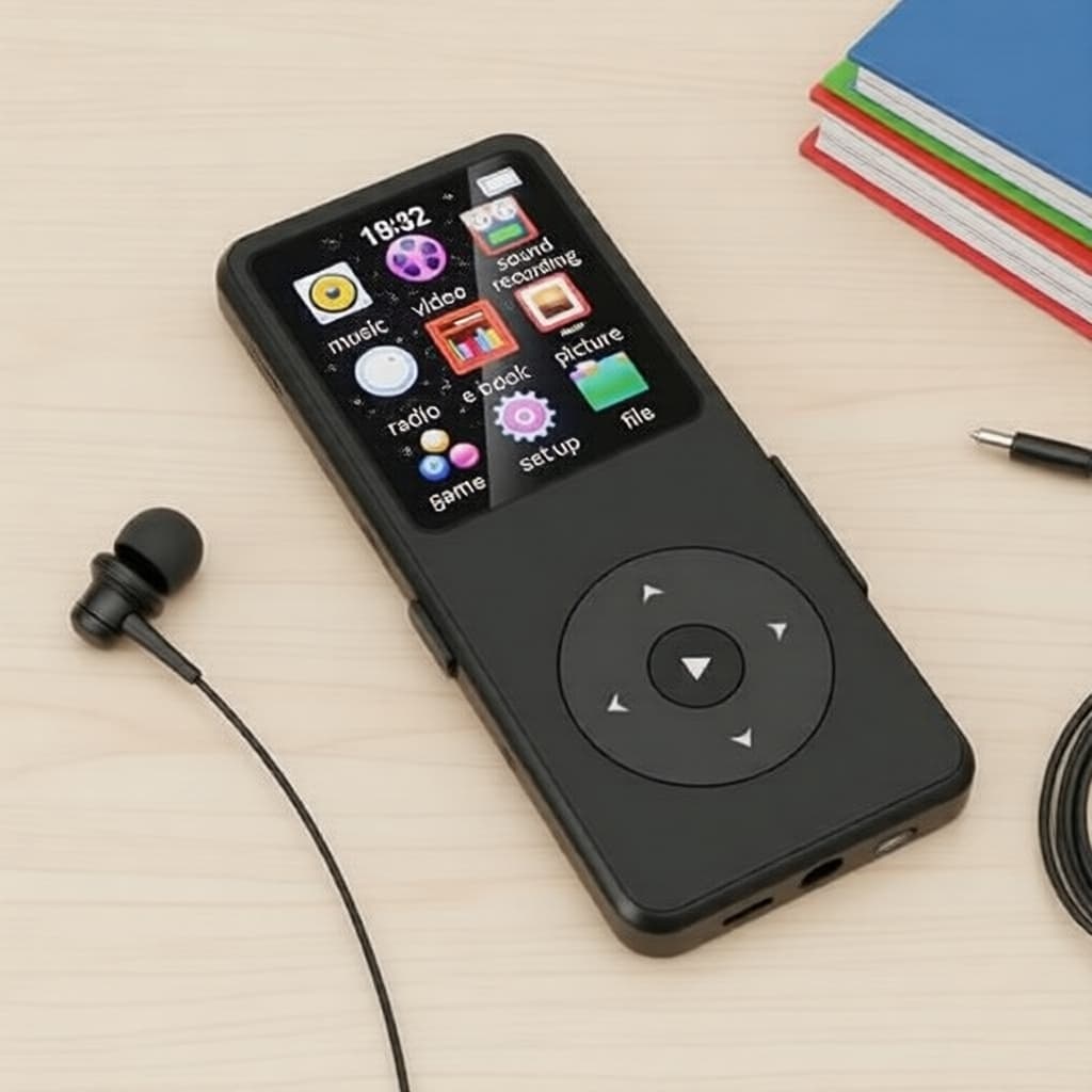 Reprodutor de MP3 Bluetooth 5.0 com Tela de 1,8 Polegadas, Alto-falante Estéreo Integrado, Rádio FM, E-book e Gravação