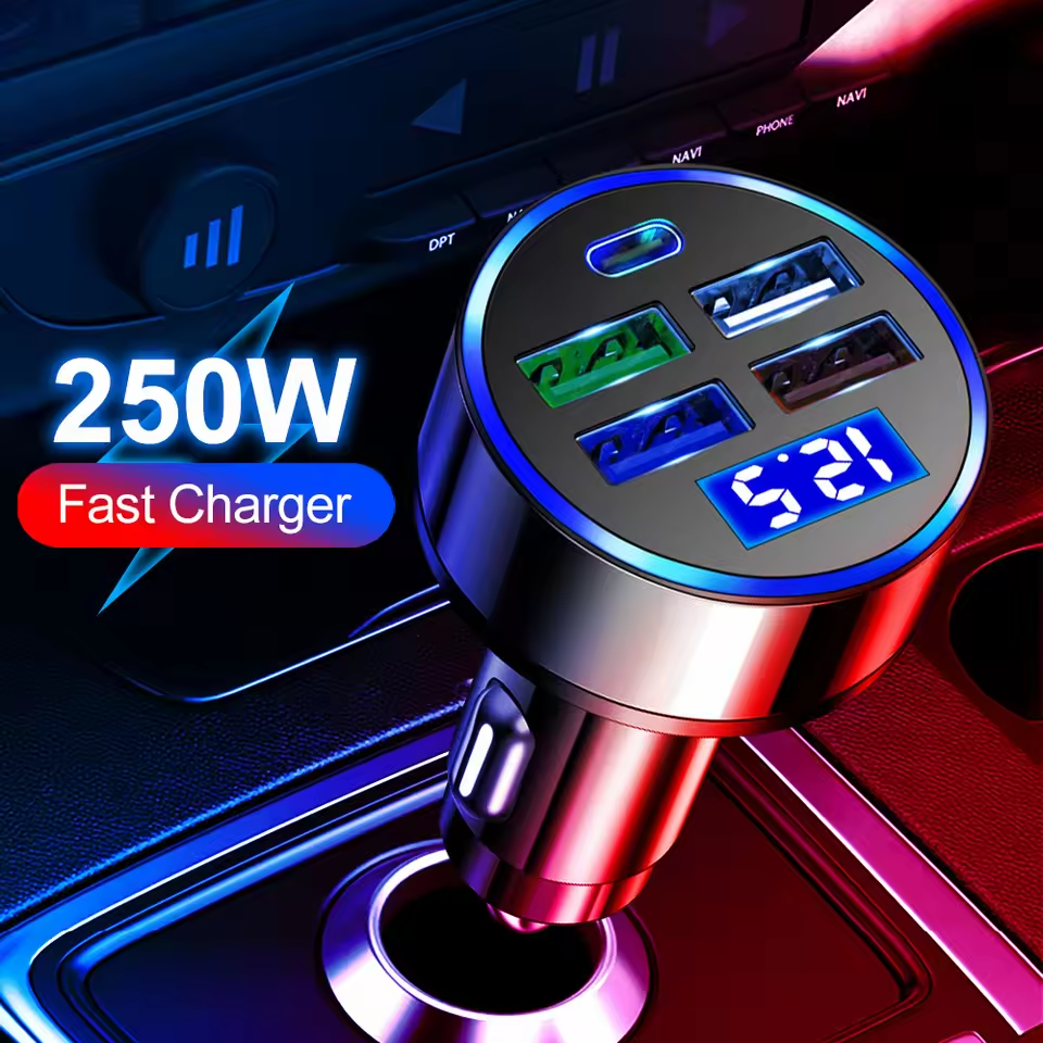 Carregador de carro USB C Tipo C com 5 portas, carregamento super rápido, detecção de voltagem, display digital,