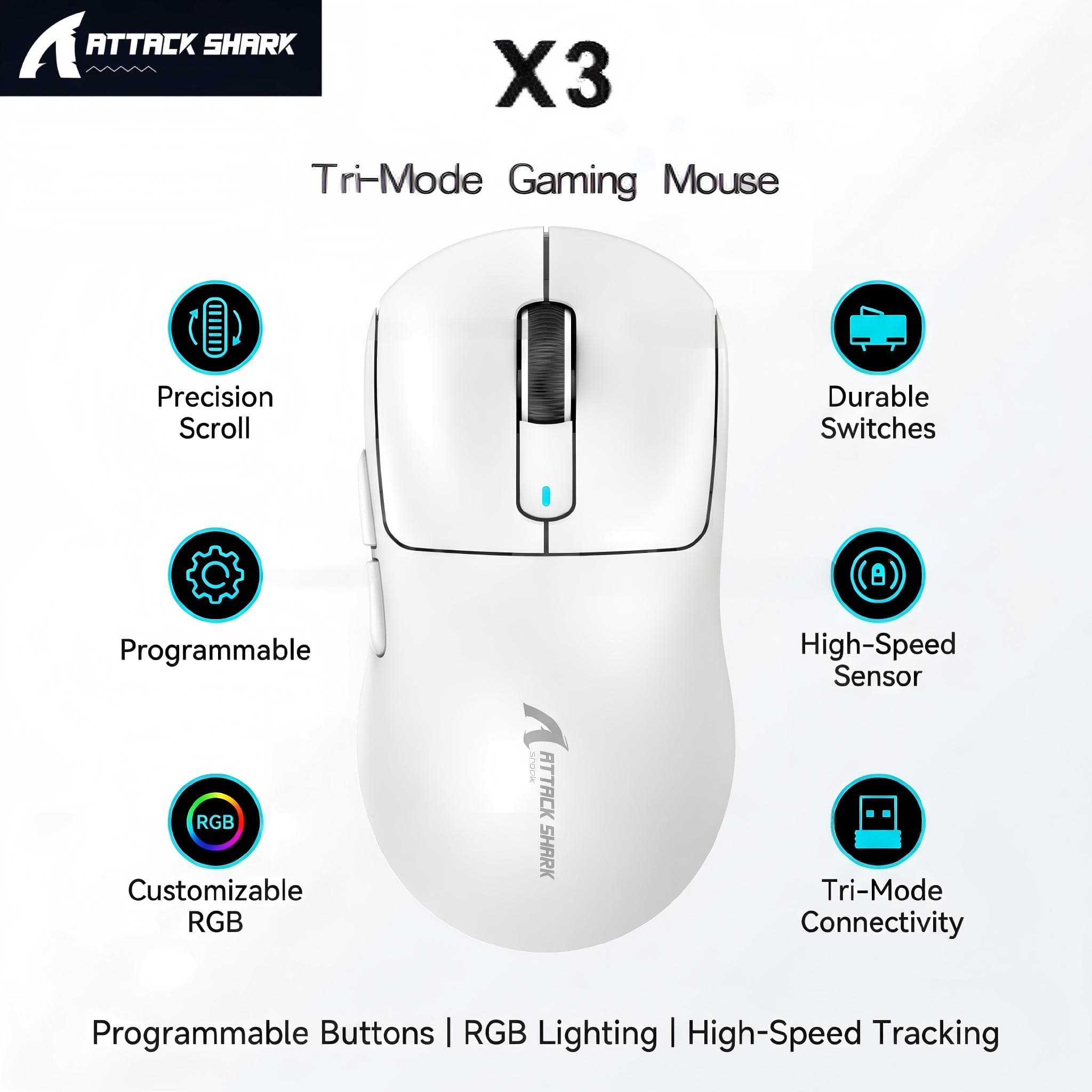 Mouse Gamer Attack Shark X3, Leve 49g, 26000 DPI, Sem Fio, com Switch Kailh Black Mamba, Bateria 65H