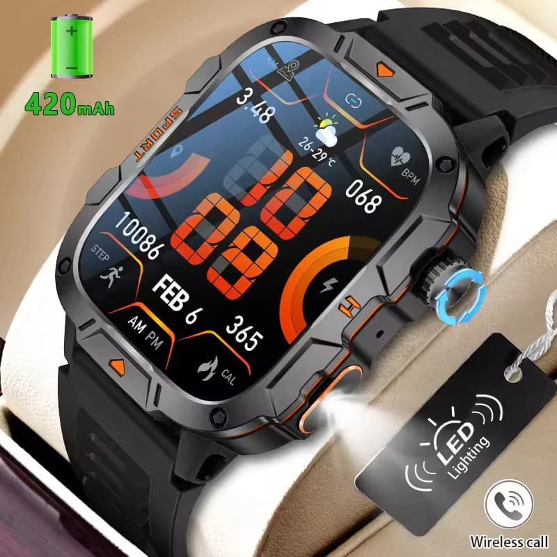 Relógio Inteligente Masculino Bluetooth 2026 Novo 1.96 Tela AMOLED à Prova D'água Esportes ao Ar Livre com Lanterna