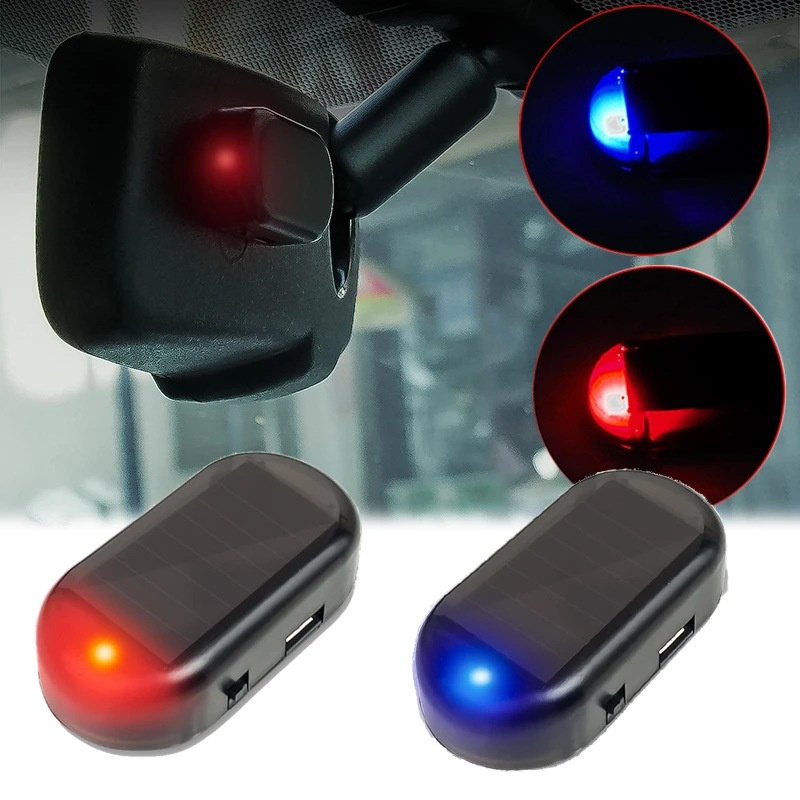 Alimentado por energia solar + USB, LED piscante imitando luz de segurança de carro falso, alarme simulado, lâmpada
