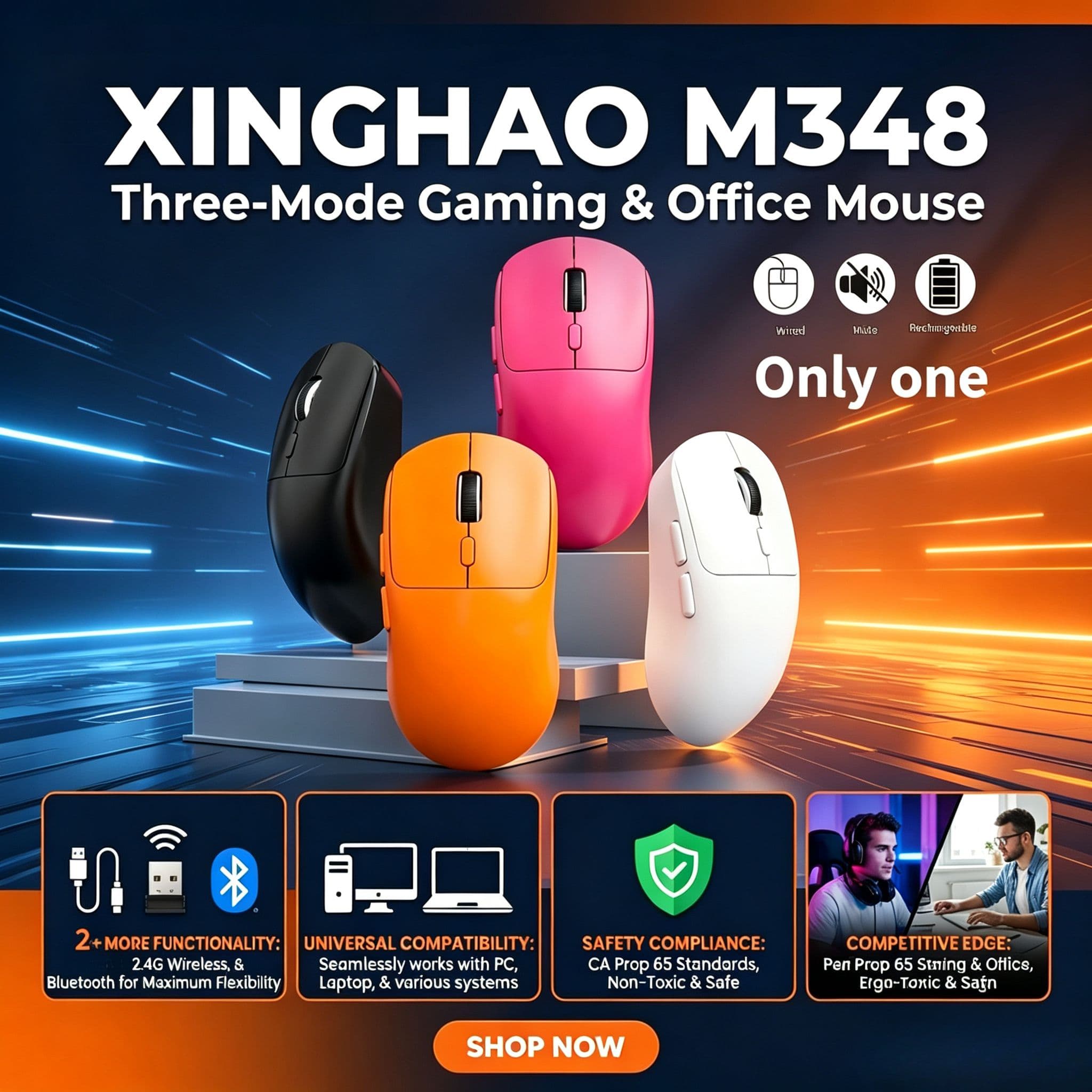 Rato Sem Fio ITLY M348 3 Modos 6400 DPI 65g Ultraleve Silencioso Recarregável Tipo-C para Jogos, Escritório e Laptop,