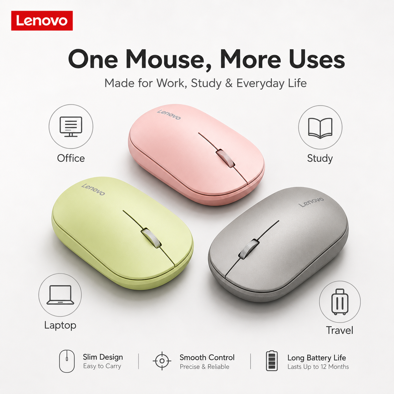 Mouse Silencioso Sem Fio Lenovo 2.4G, Ajuste de 800/1200/1600 DPI, Mouse de Computador Portátil Fino para