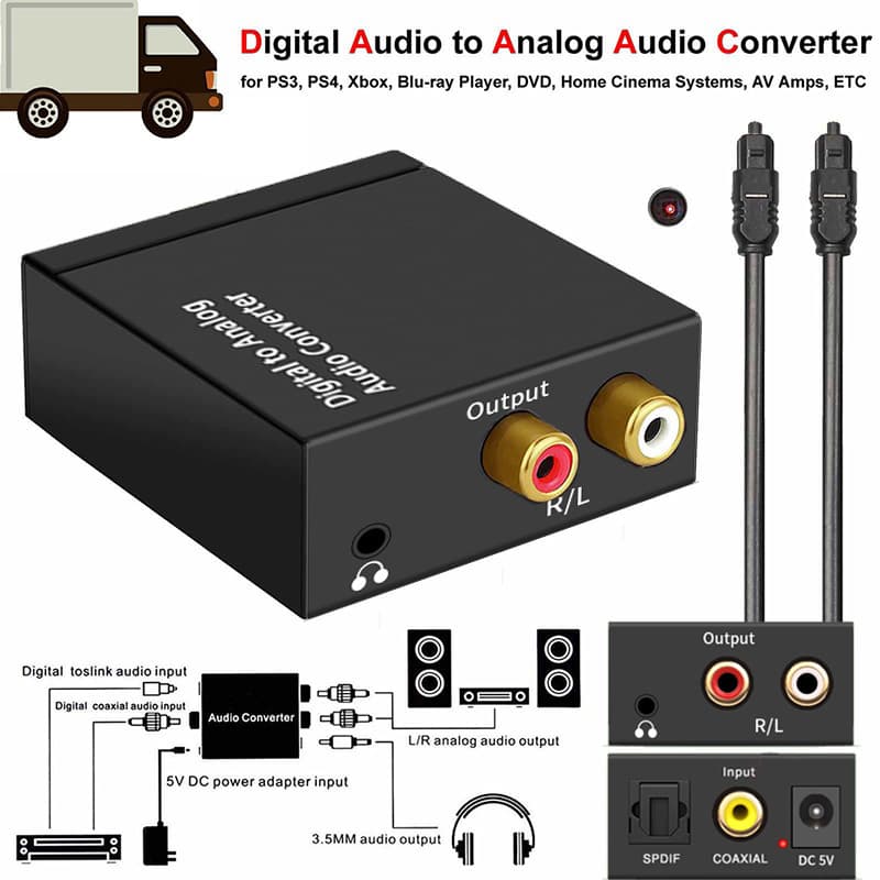 Conversor De Áudio Digital Para Analógico 3.5 Mm Jack 2RCA Converter TV Coaxial Fibra Óptica